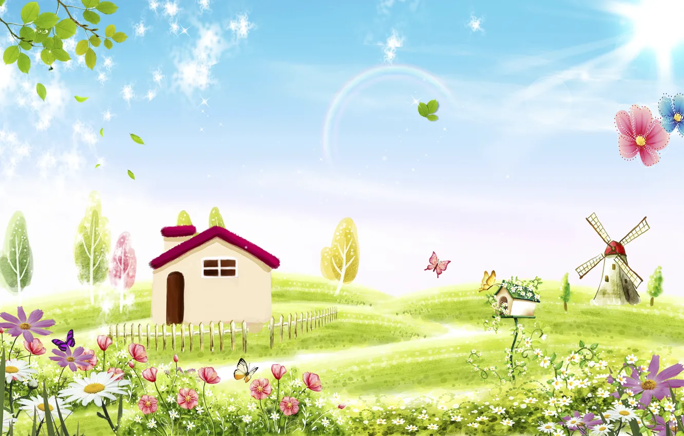 Photo wallpaper trees, butterfly, mill, house, flowers, wind