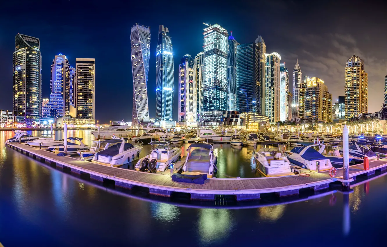 Photo wallpaper Bay, yachts, Bay, Dubai, night city, Dubai, skyscrapers, UAE