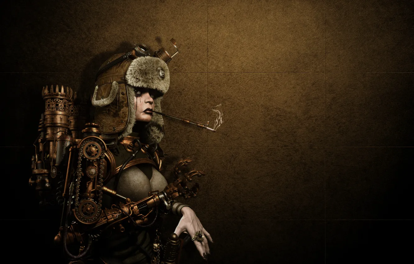 Photo wallpaper girl, metal, background, hat, mechanism, robot, ring, steampunk