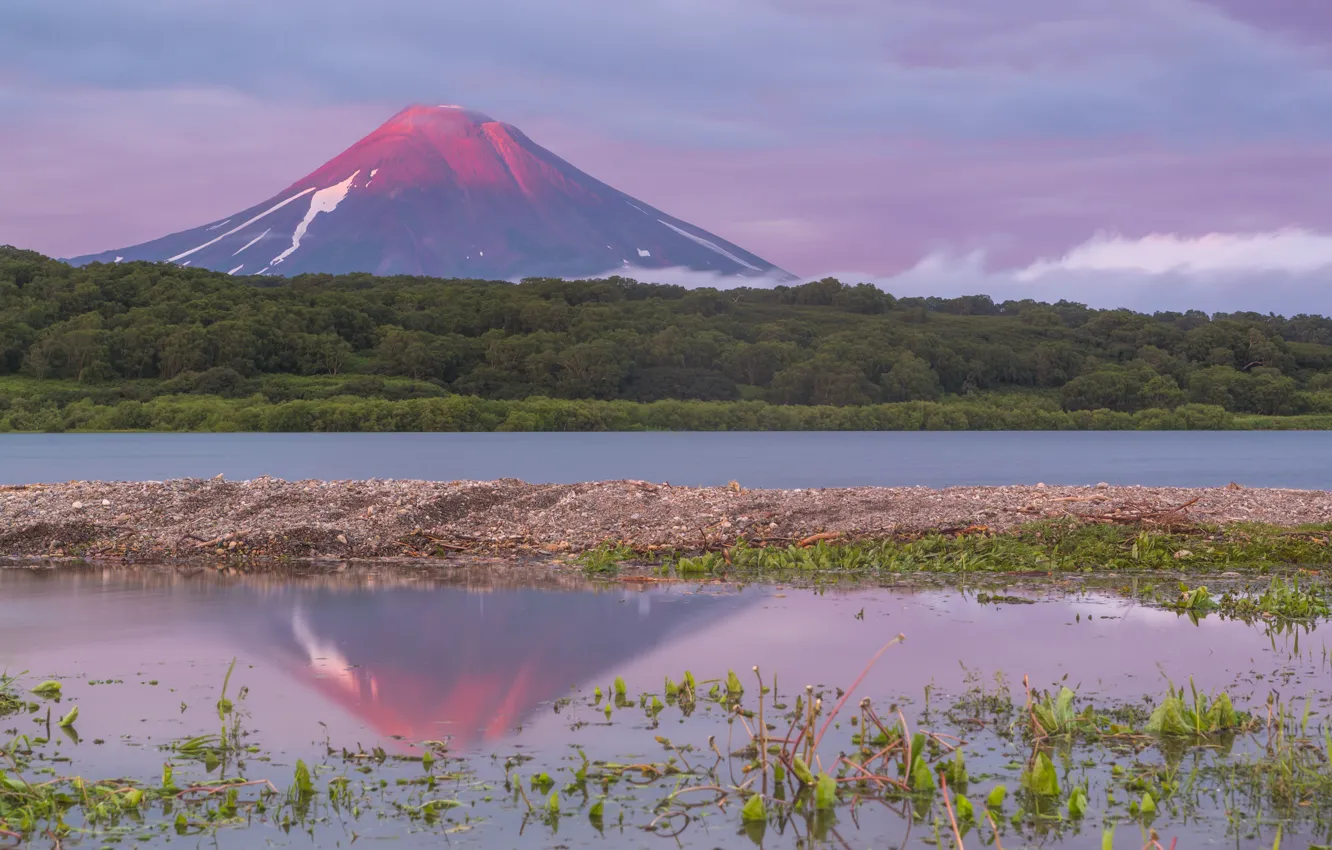 Photo wallpaper forest, the sky, light, mountains, reflection, river, the evening, morning