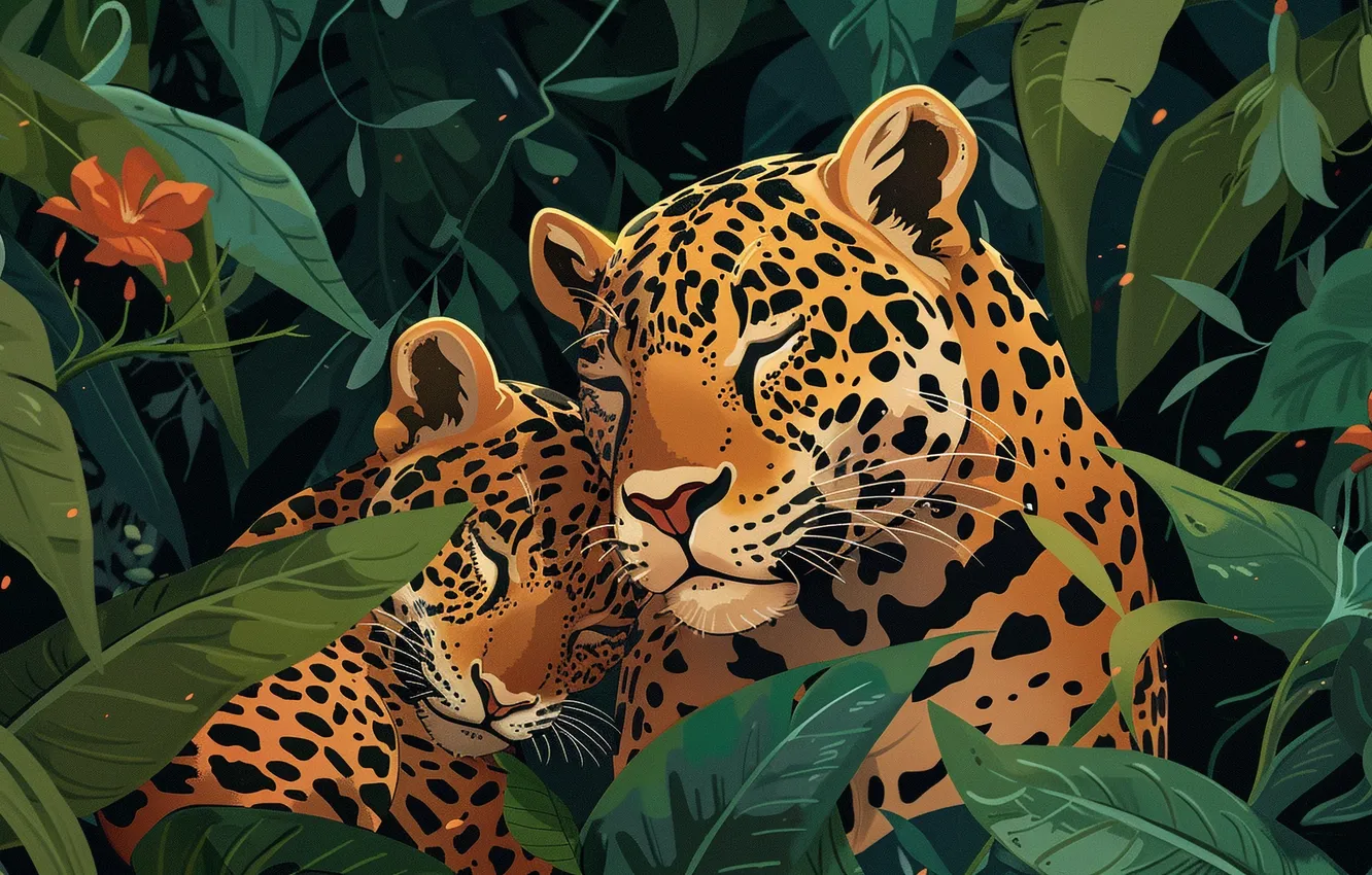 Photo wallpaper face, leaves, flowers, predator, Jaguar, cub, kitty, two