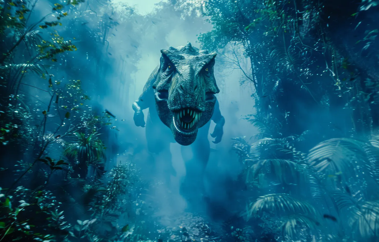 Photo wallpaper look, face, trees, fog, animal, dinosaur, predator, Tyrannosaurus
