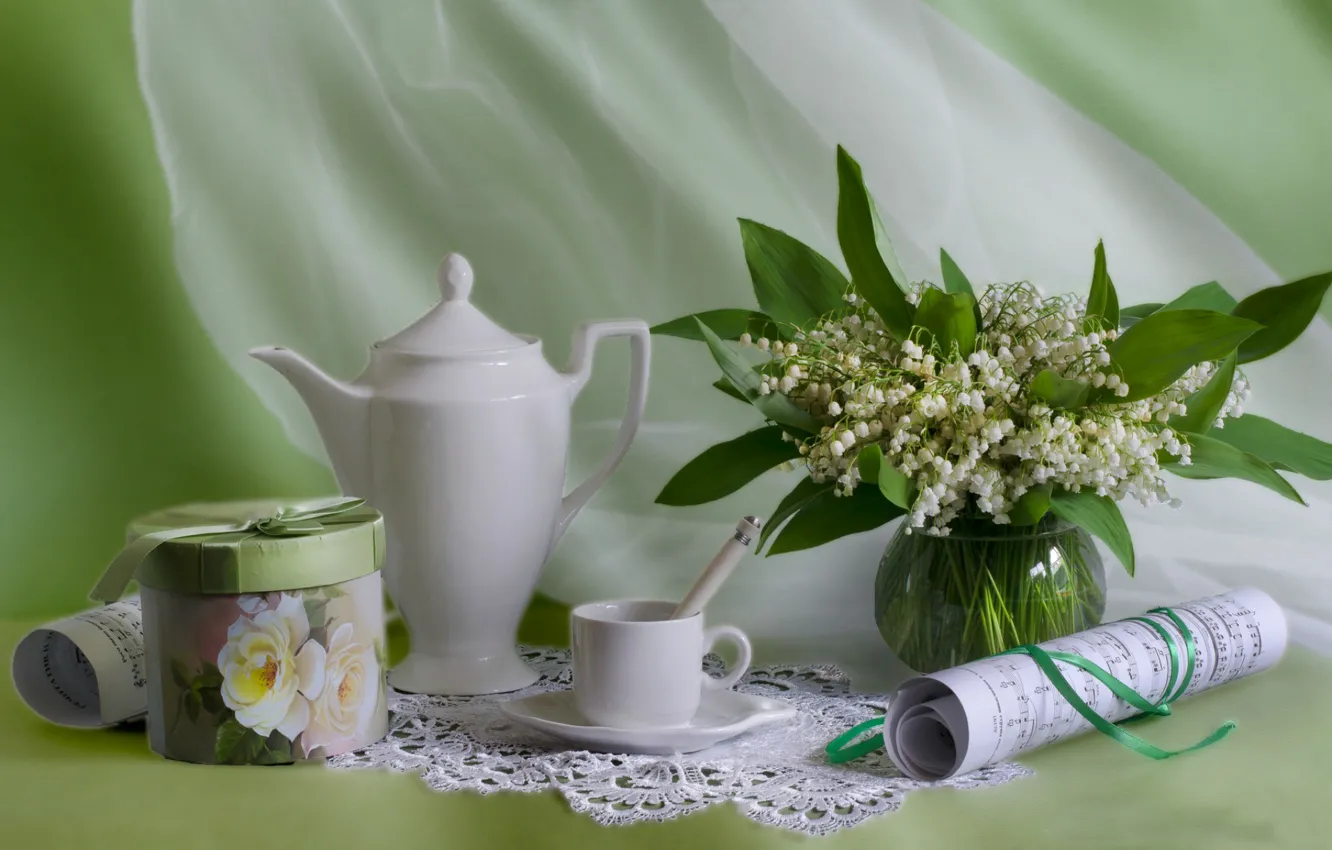 Photo wallpaper notes, bouquet, kettle, Cup, still life, lilies of the valley