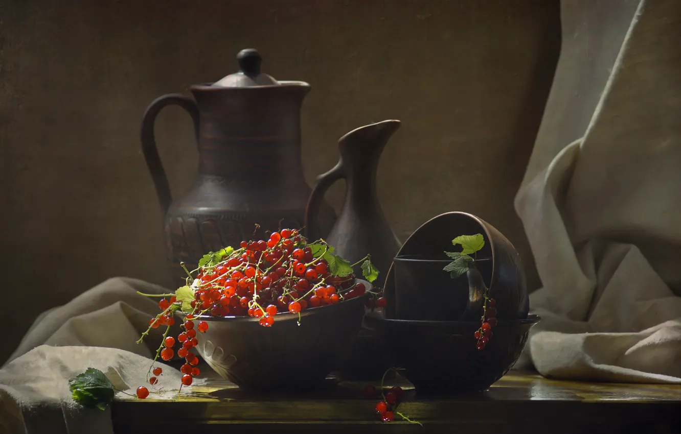 Photo wallpaper red, berries, dishes, fabric, bowl, pitcher, still life, currants