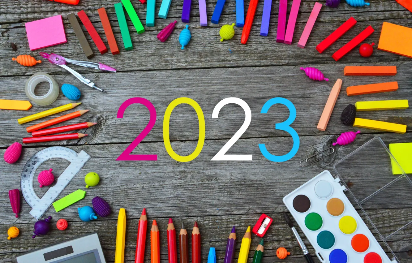 Photo wallpaper paint, Board, new year, pencils, figures, colorful, crayons, date