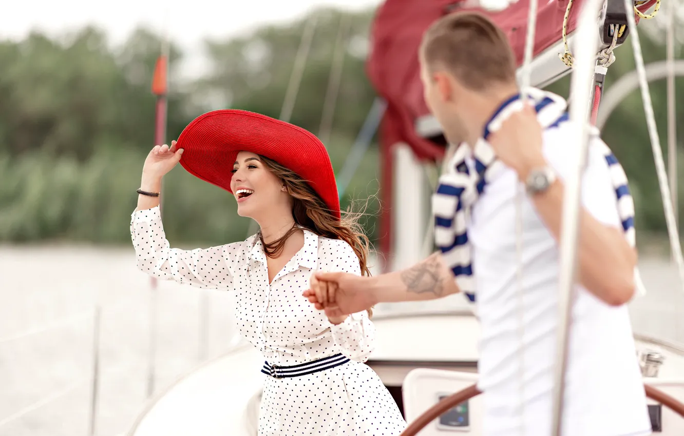 Photo wallpaper girl, love, stay, pair, guy, walk on the yacht