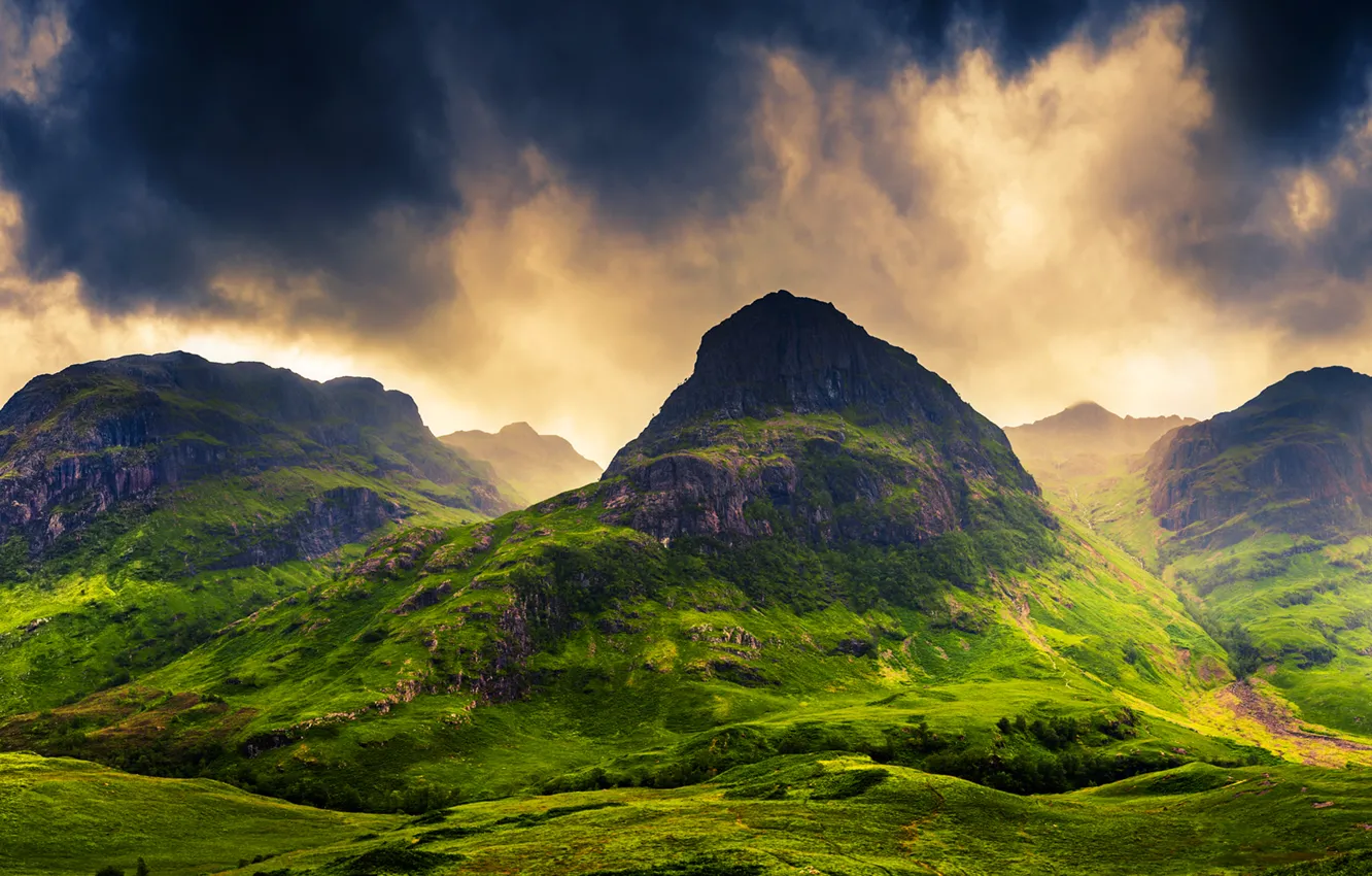 Photo wallpaper the sky, grass, clouds, landscape, mountains, nature, Scotland, the ravine