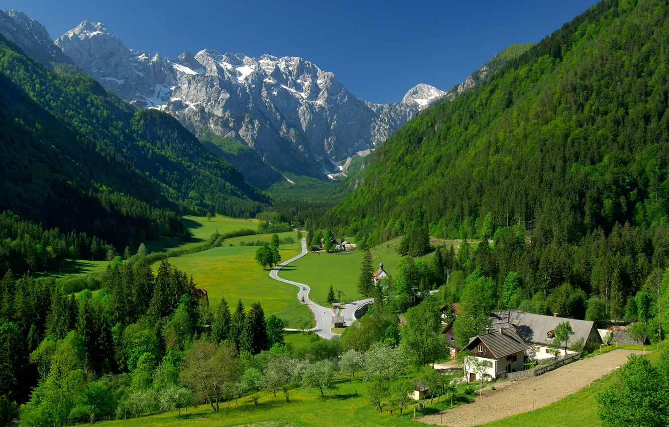 Photo wallpaper mountains, Switzerland, valley, village