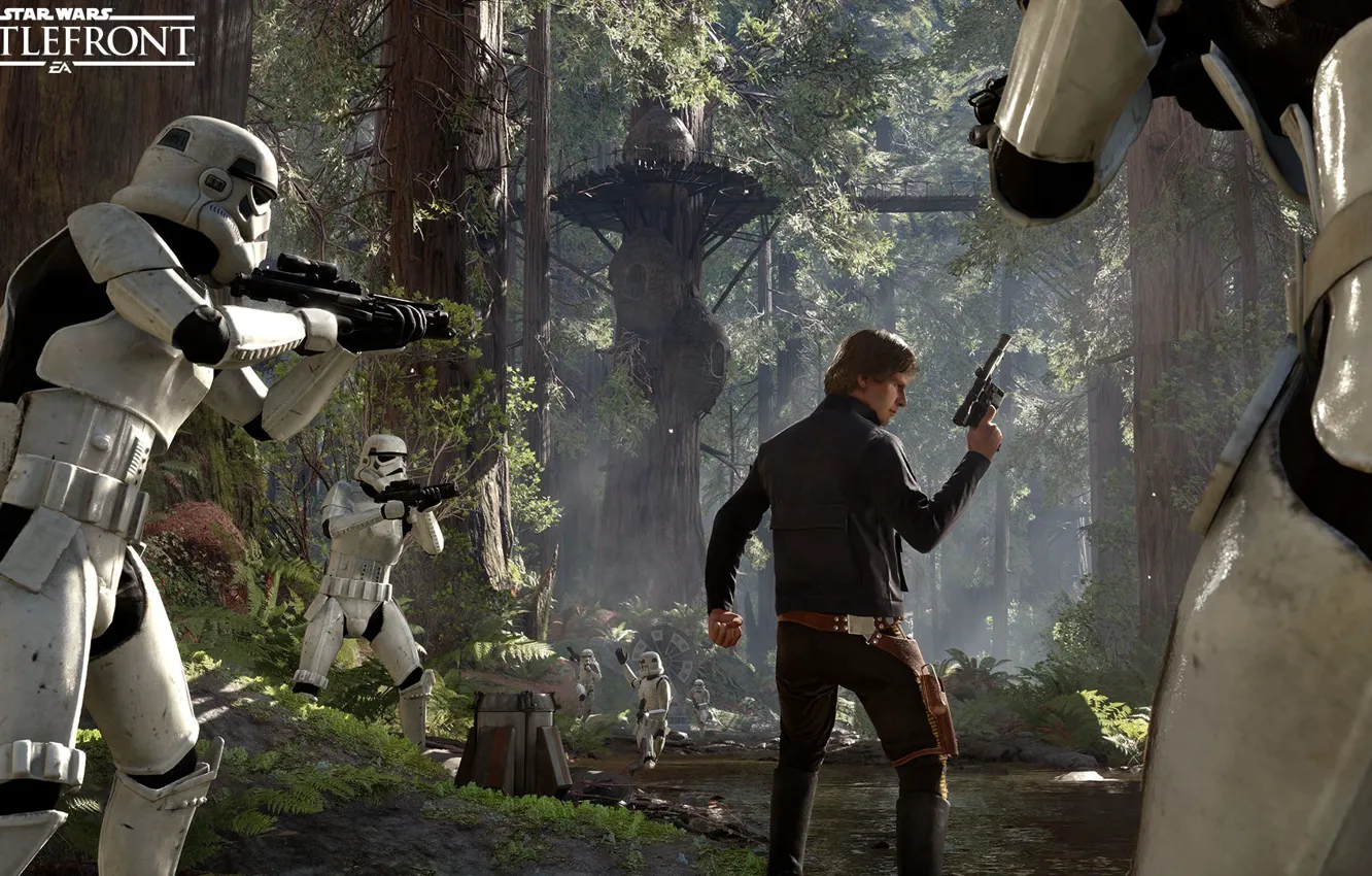 Photo wallpaper the game, attack, Electronic Arts, DICE, Han Solo, Han Solo, Stormtroopers, star wars battlefront