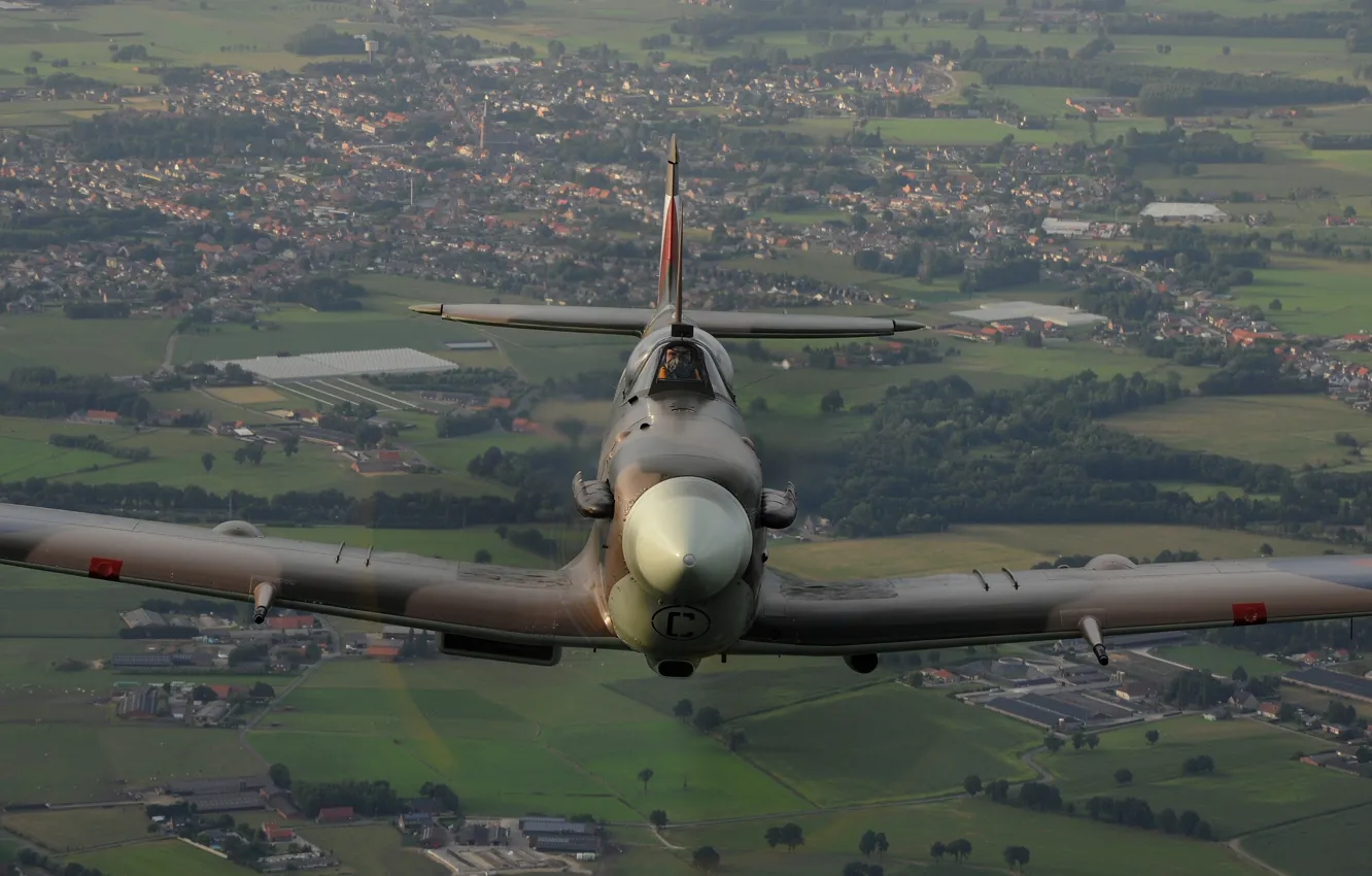 Photo wallpaper landscape, fighter, flight, Supermarine, Spitfire Mk V