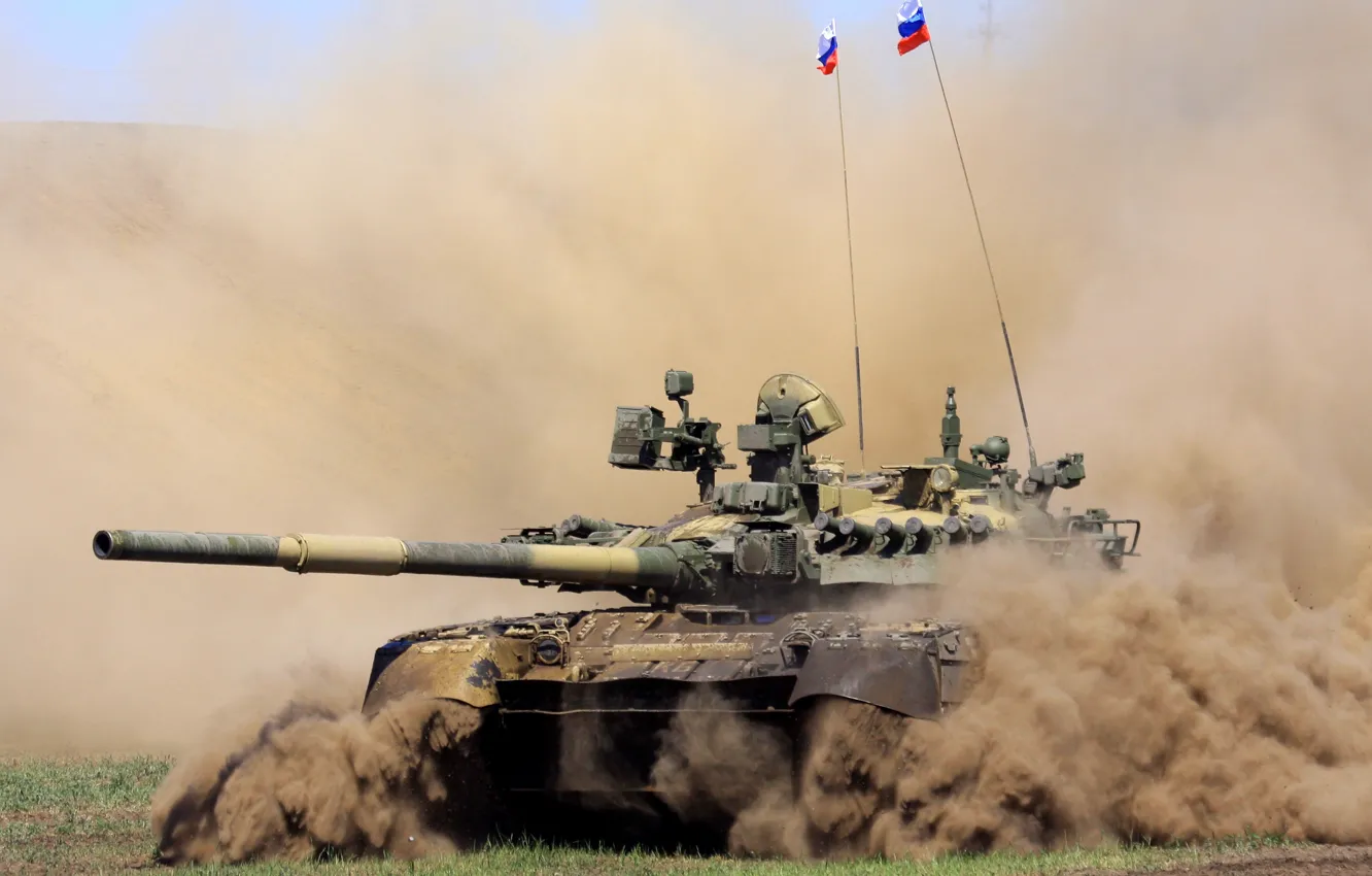 Photo wallpaper dust, tank, combat, Russian, T-80U