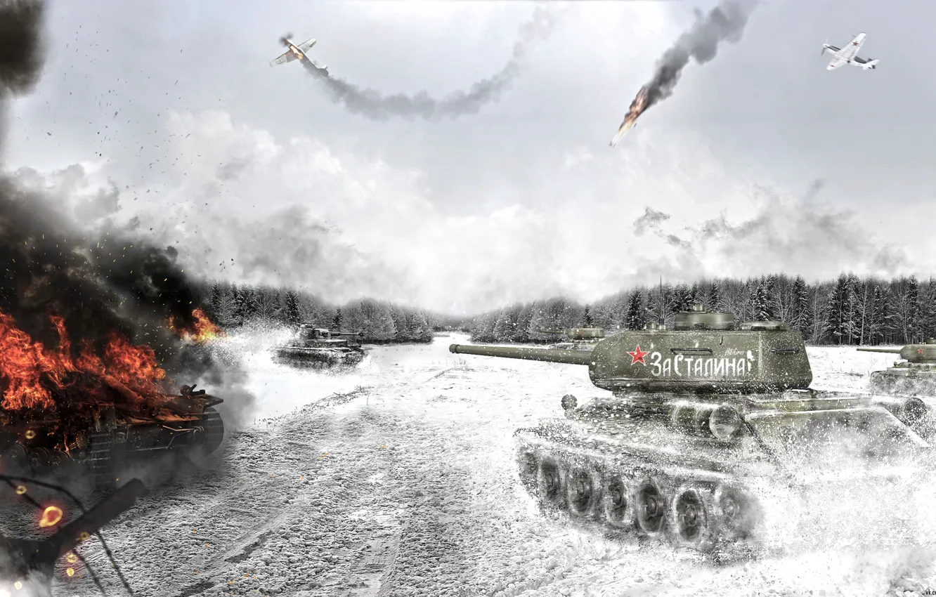 Photo wallpaper smoke, art, tank, T-34-85, Soviet tank, War Thunder