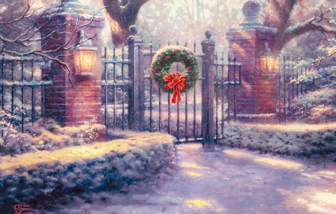 Photo wallpaper snow, decoration, gate, lights, painting, Thomas Kinkade, painting, Thomas Kinkade