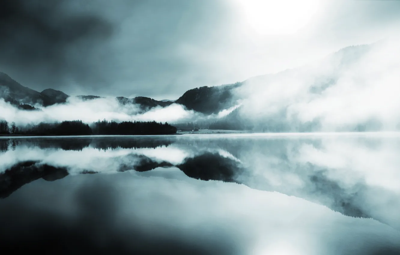 Photo wallpaper forest, mountains, fog, lake, surface, reflection, hills, coniferous