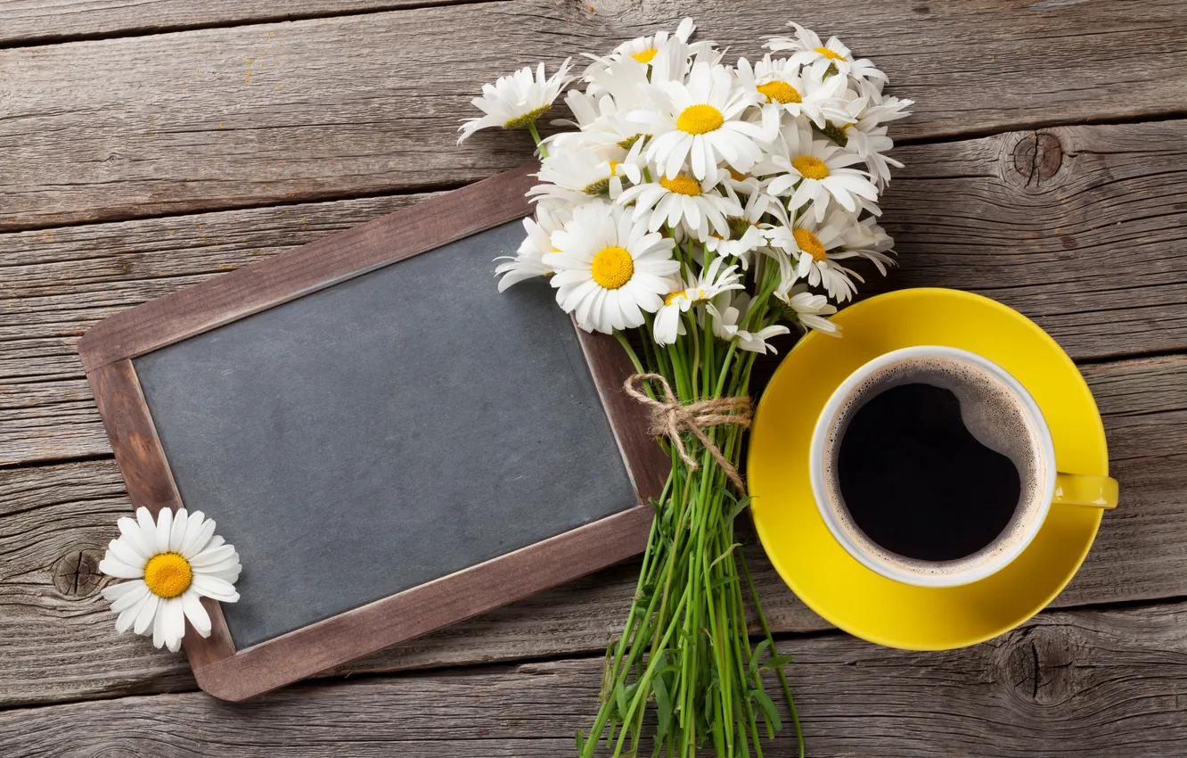 Photo wallpaper flowers, chamomile, Board, wood, flowers, cup, coffee, camomiles