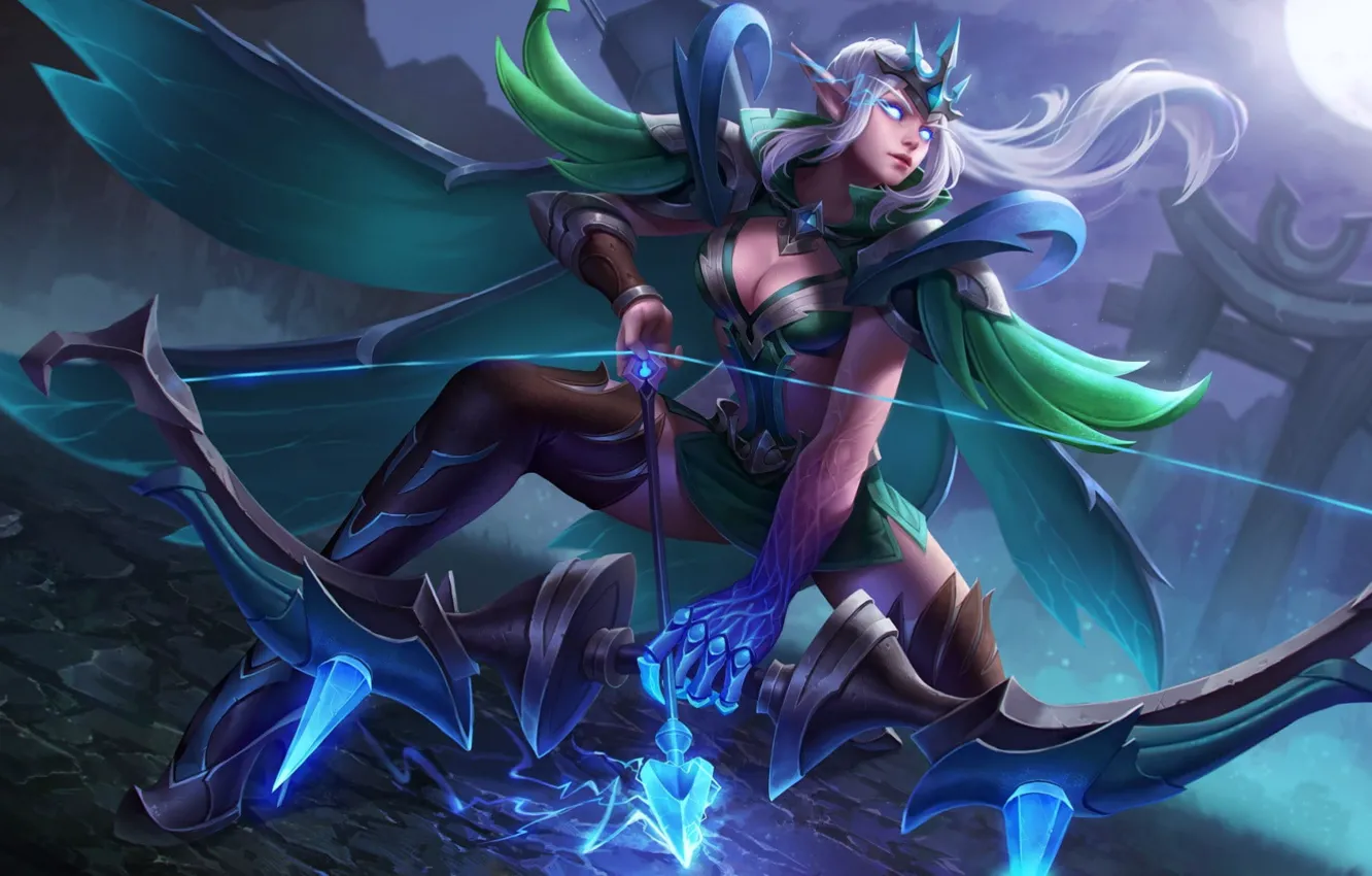 Photo wallpaper night, the moon, Archer, arch, arena, white hair, online, glowing eyes