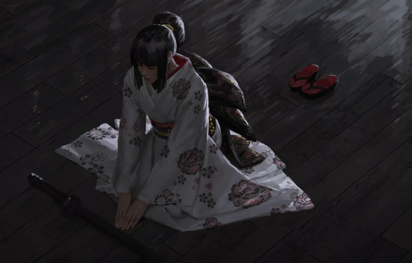 Photo wallpaper Japanese, meditation, kimono, the view from the top, katana, sitting on the floor, closed eyes, …