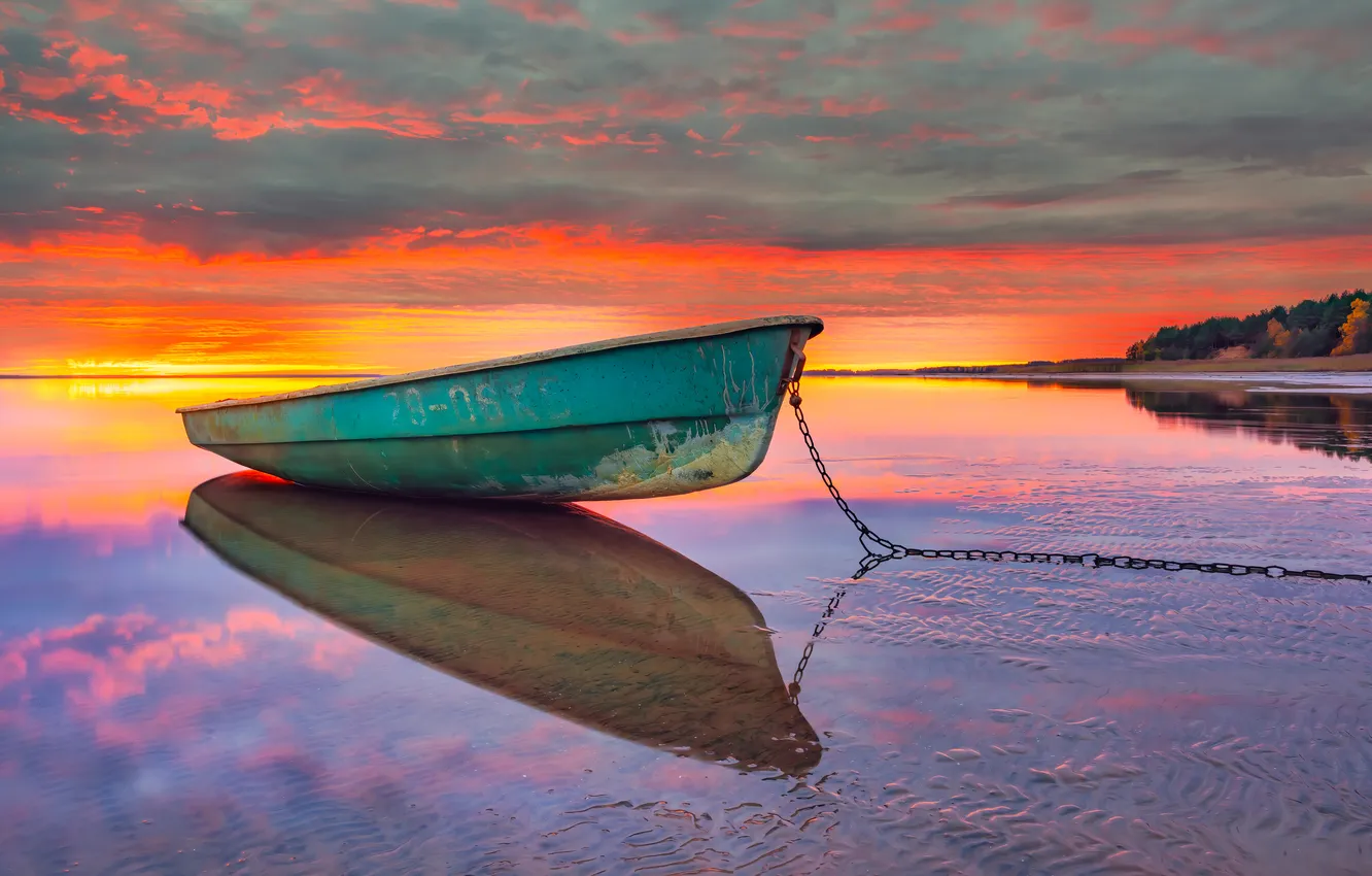 Photo wallpaper sea, sunset, boat, chain