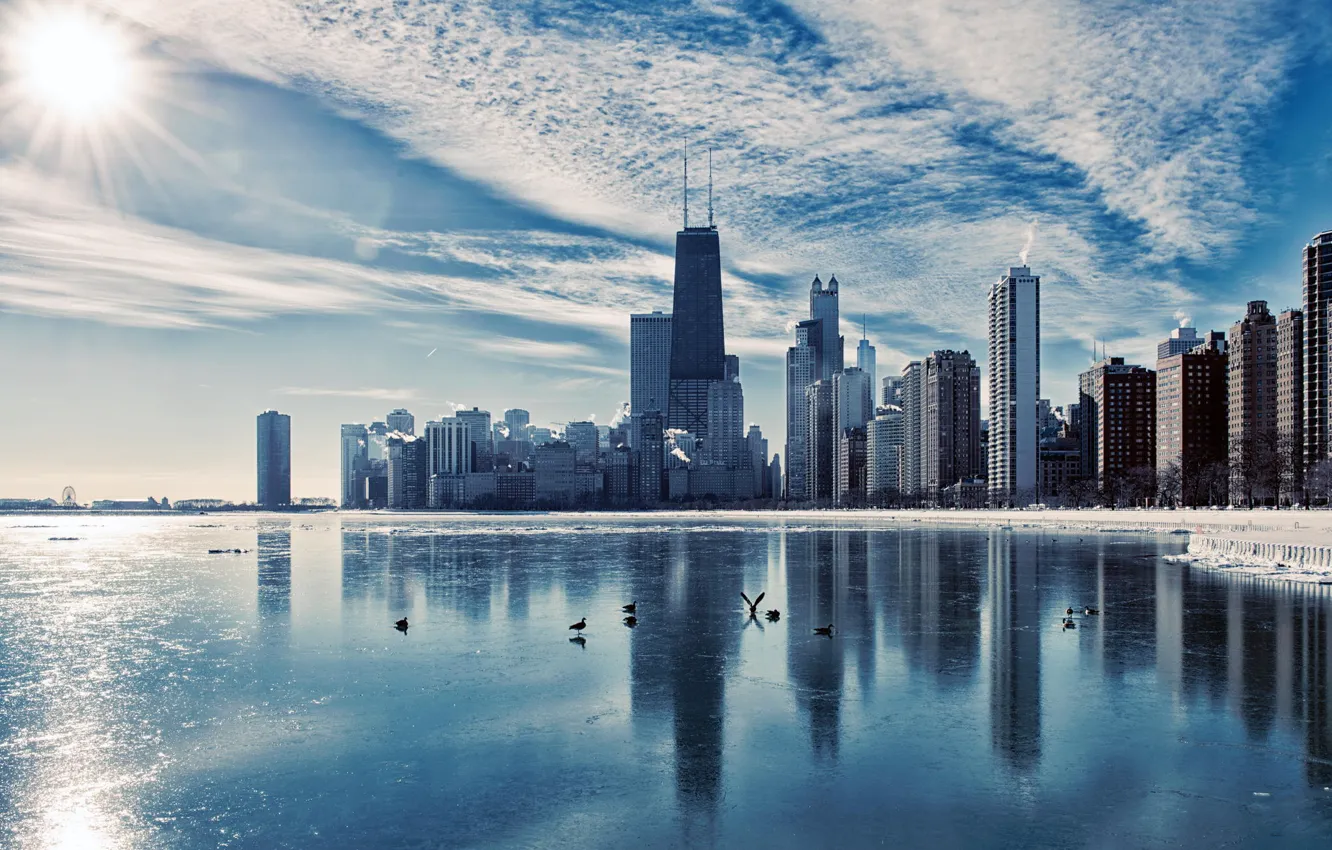 Photo wallpaper ice, winter, the city, river, skyscrapers, the evening, Chicago, Illinois