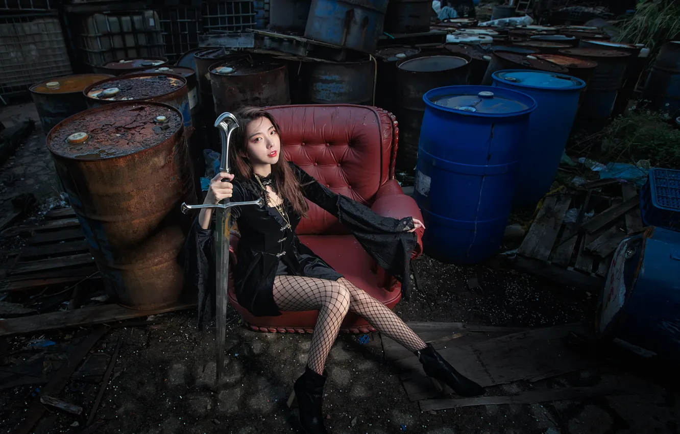 Photo wallpaper look, girl, sword, chair, the evening, barrel