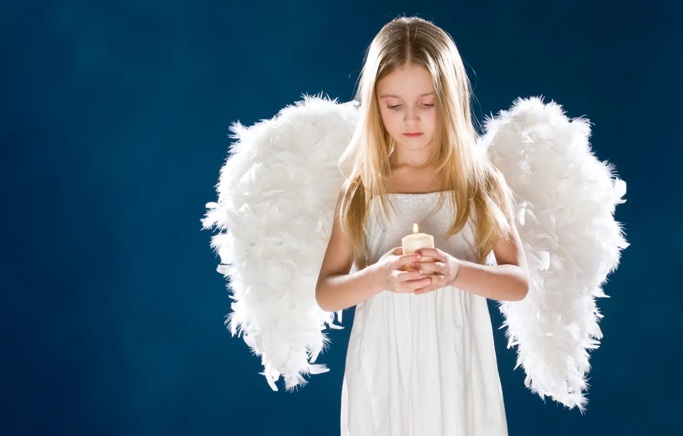 Photo wallpaper sadness, girl, children, childhood, child, wings, angel, candles