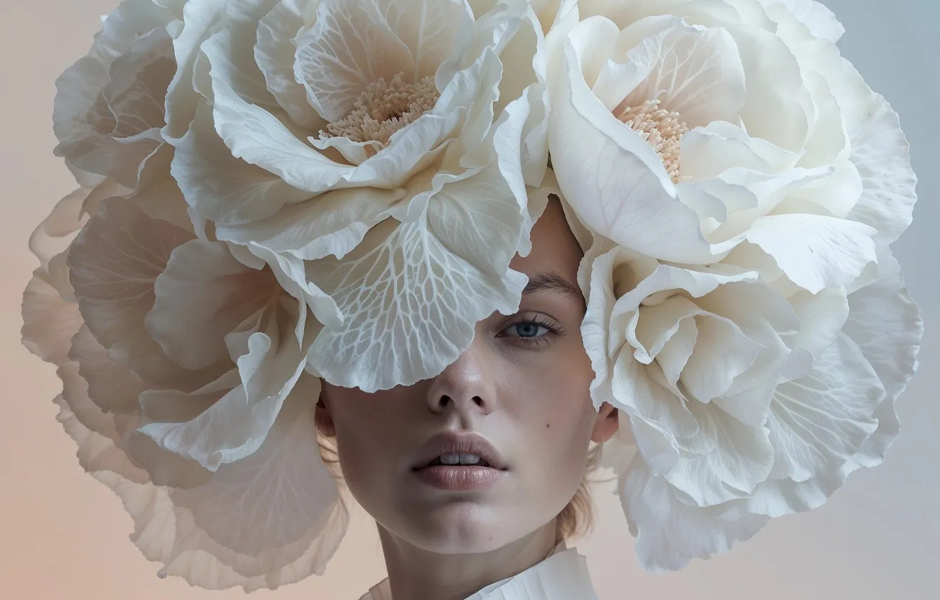 Photo wallpaper look, girl, flowers, style, portrait, collar, white, light background