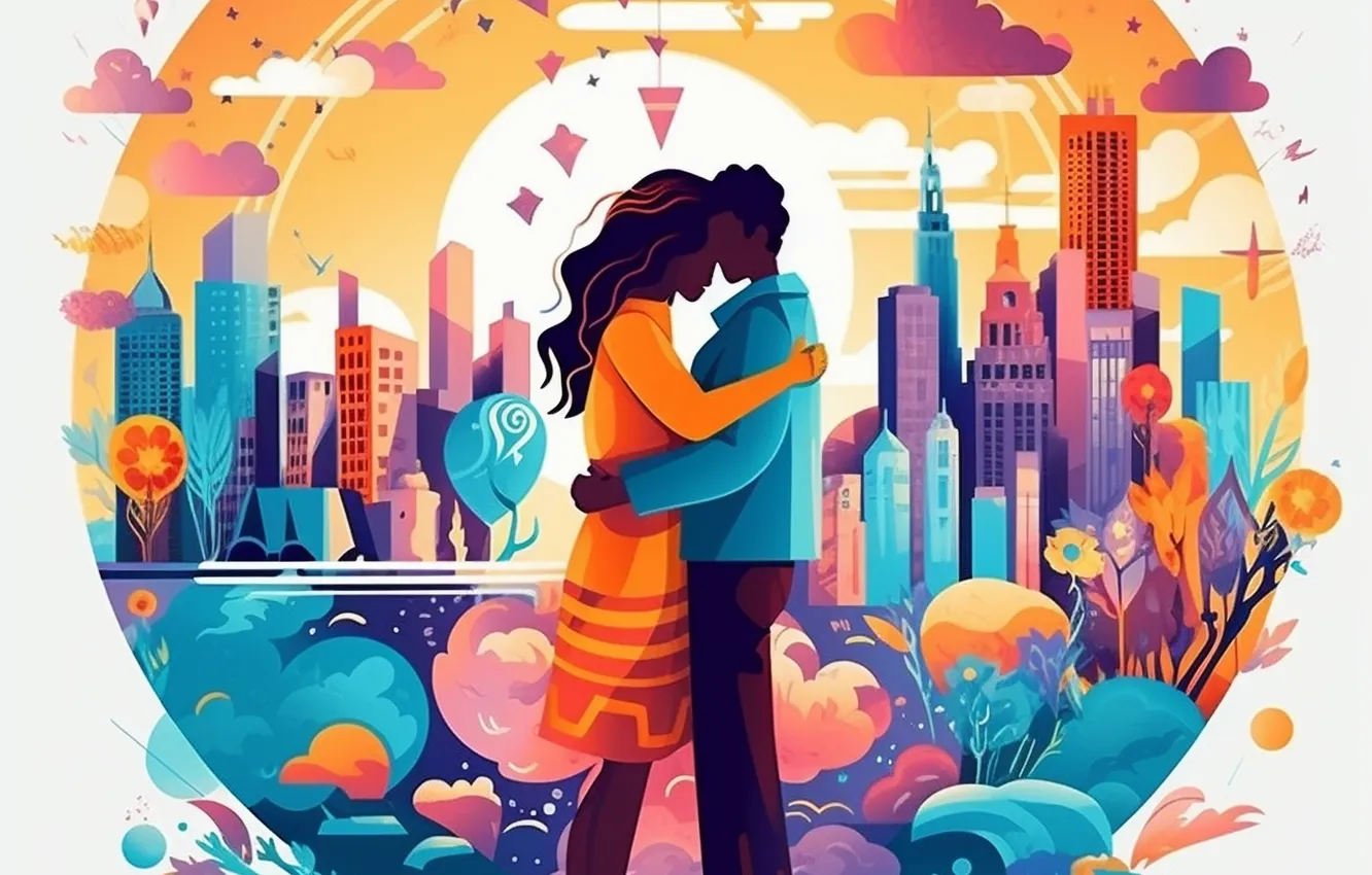Photo wallpaper girl, love, the city, creative, guy, two, digital art, AI art