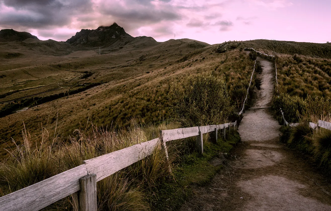 Photo wallpaper mountain, pathway, wood fence, clouded