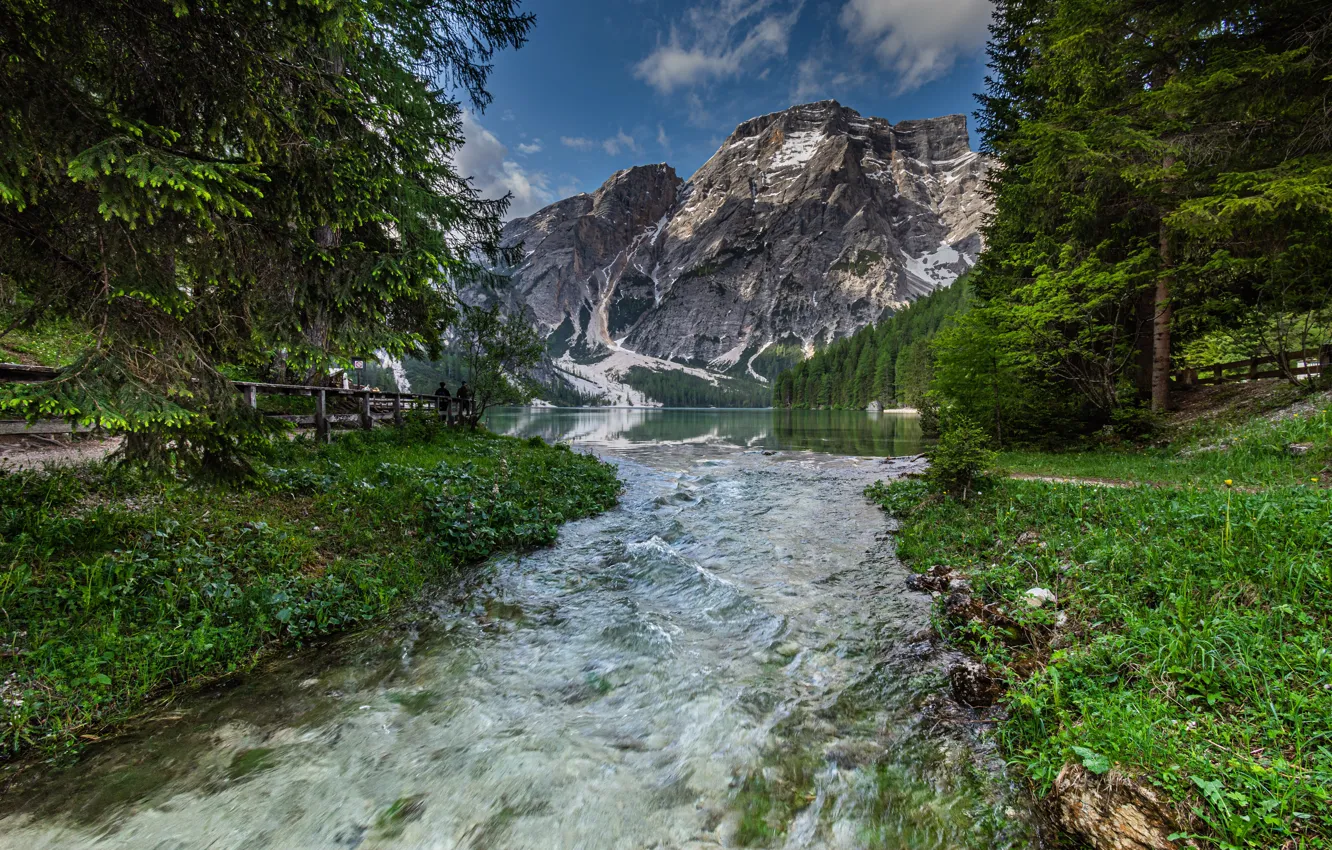 Photo wallpaper trees, mountains, lake, river, Alps, Italy, Italy, South Tyrol