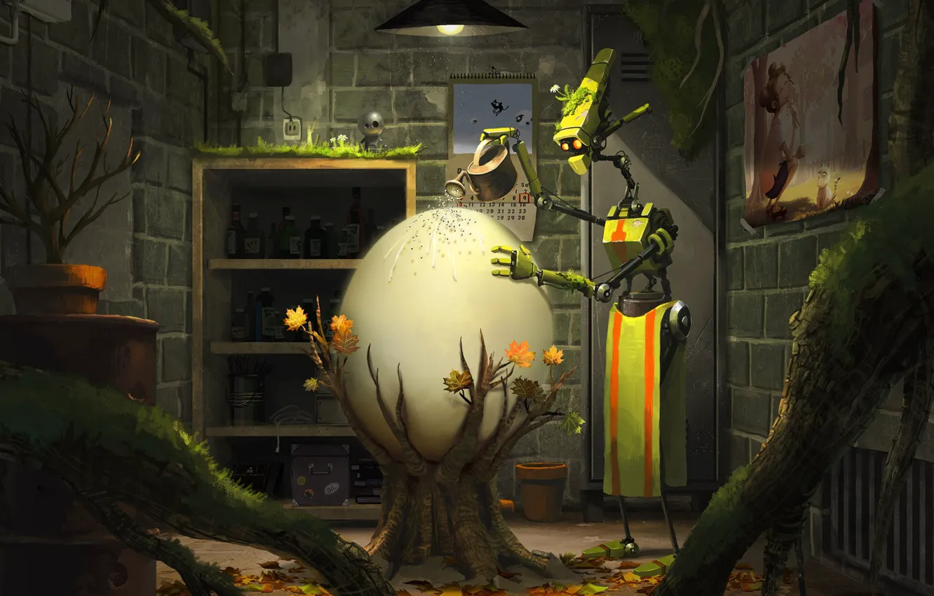 Photo wallpaper life, fantasy, plant, robot, eggs, care
