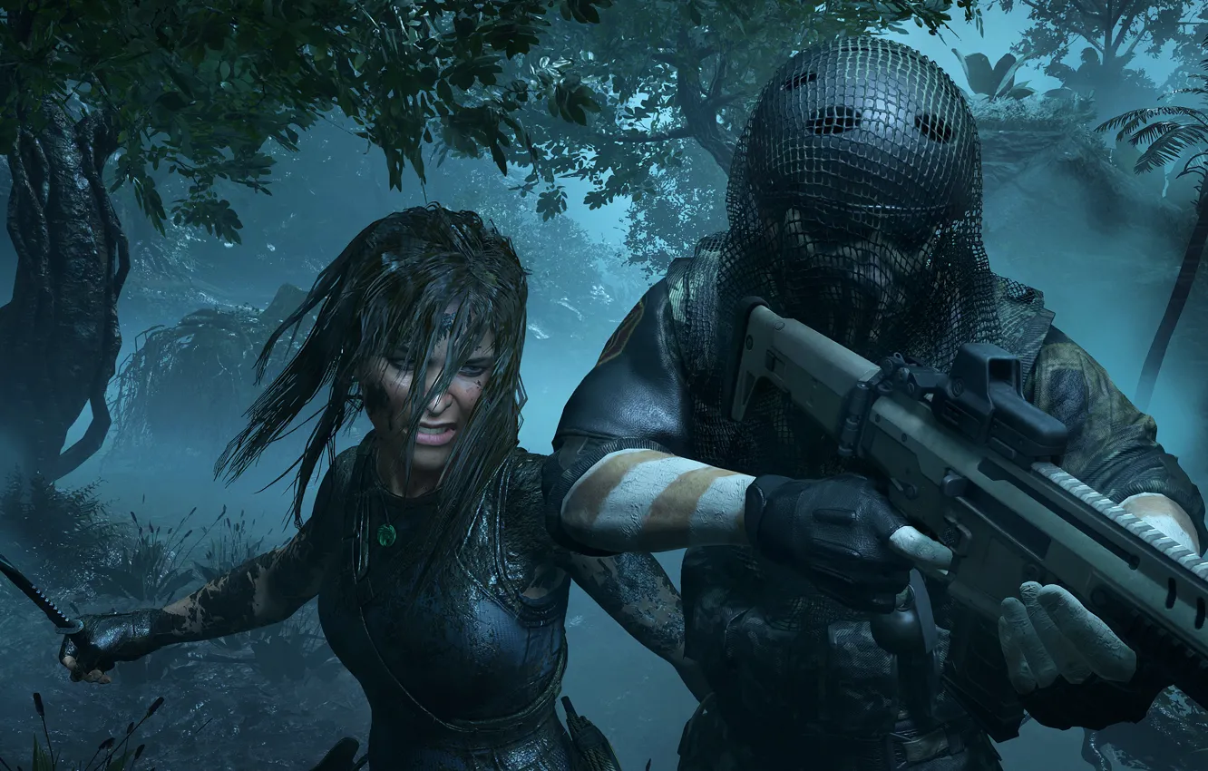 Photo wallpaper Girl, Trees, Knife, Soldiers, Weapons, Jungle, Square Enix, Lara Croft