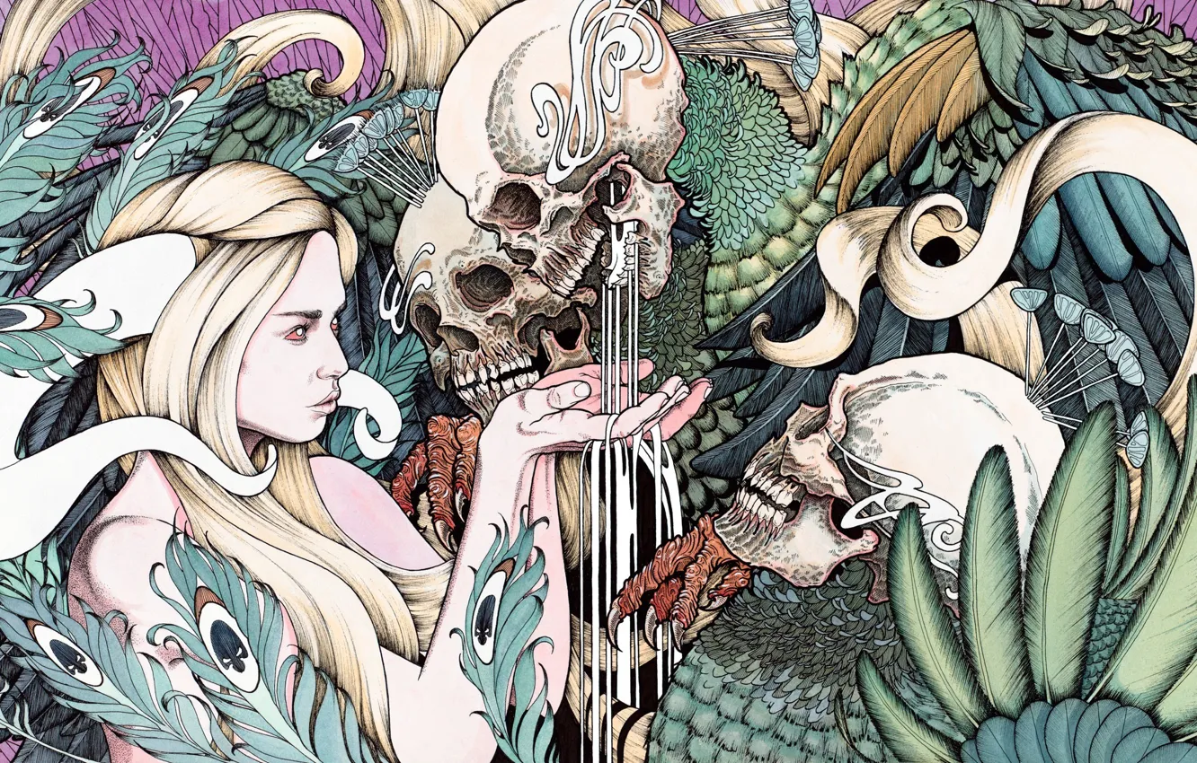 Photo wallpaper colors, skulls, digital art, plants, demons, drawing, 3000x1501, Demoness