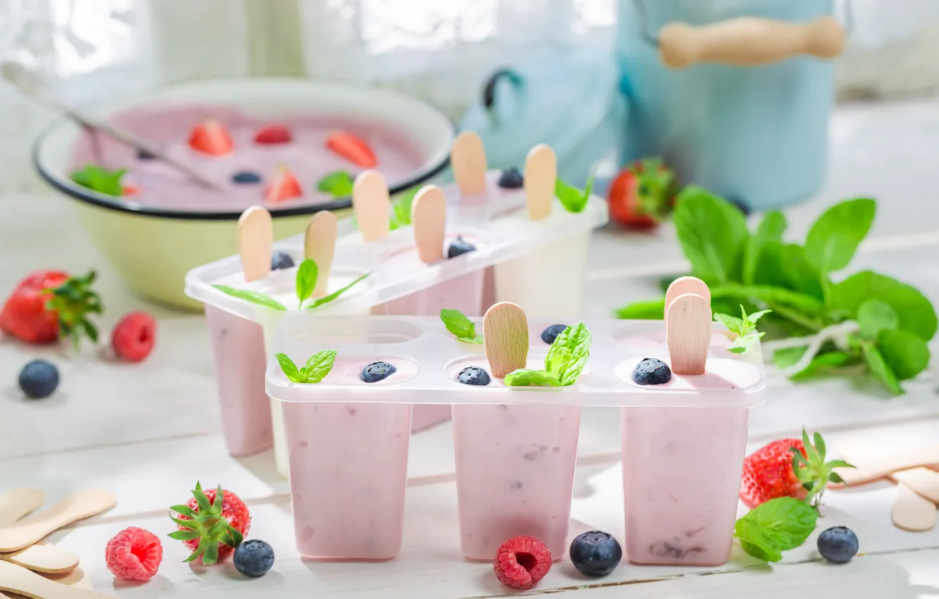 Photo wallpaper berries, raspberry, blueberries, strawberry, ice cream, mint, dessert, sweet