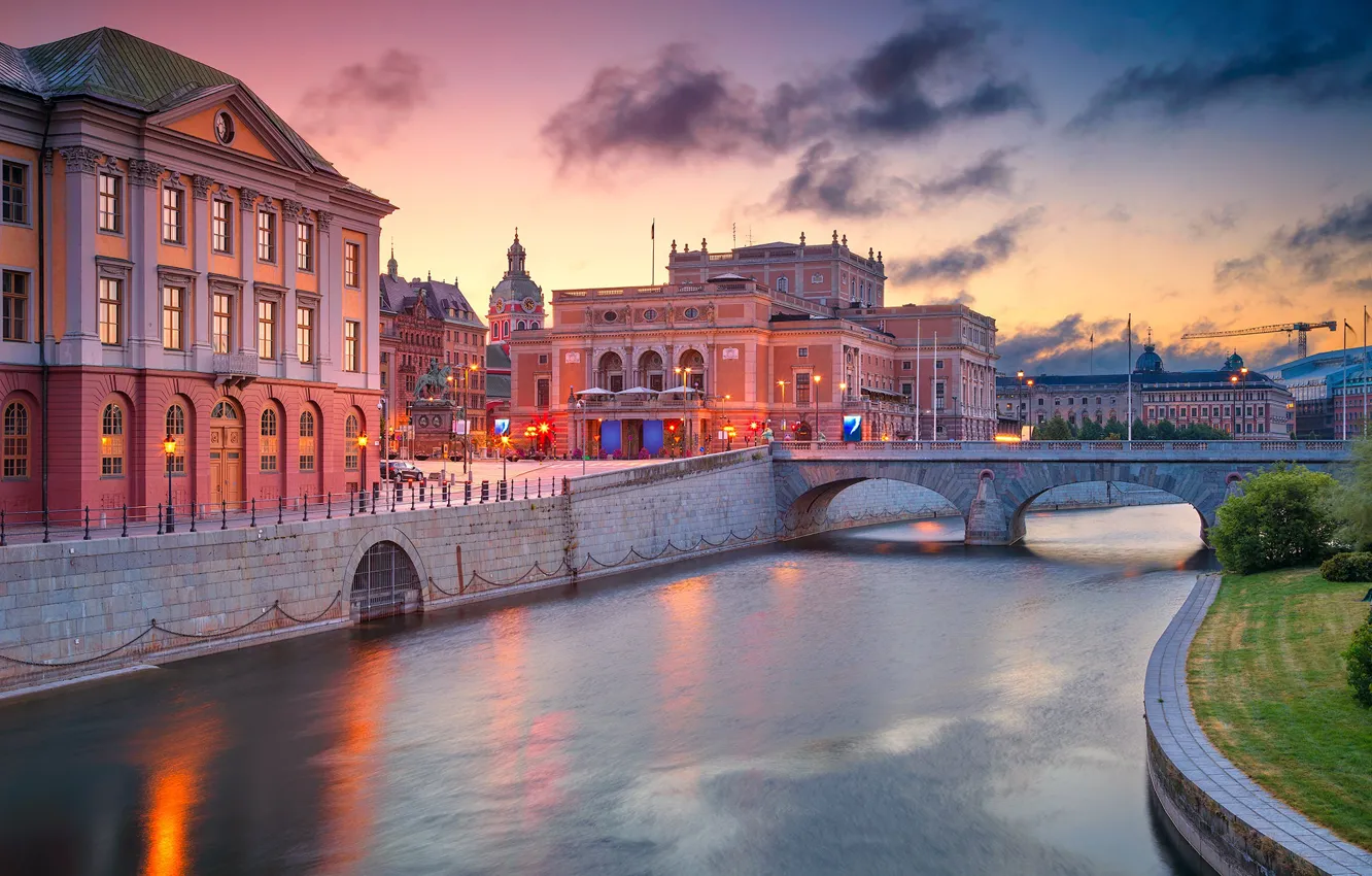 Photo wallpaper bridge, river, building, Stockholm, Sweden, promenade, Sweden, Old Town