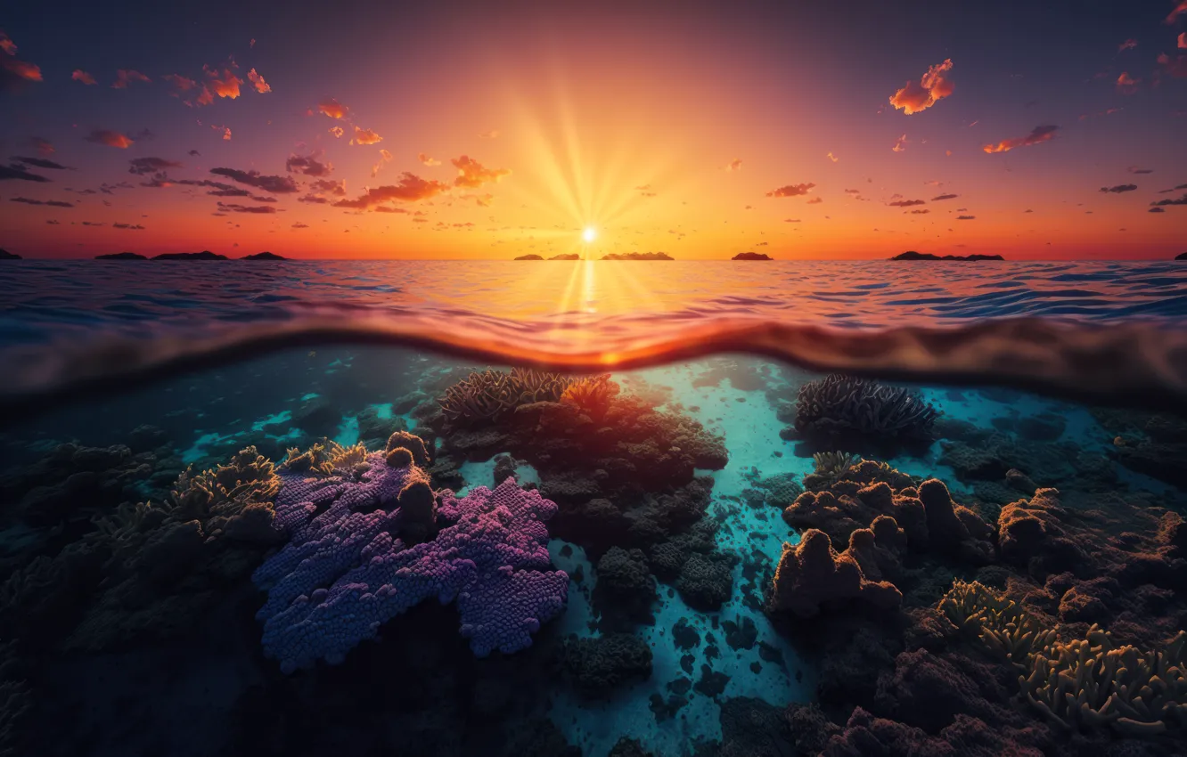 Photo wallpaper Nature, Sunset, Underwater, Seascape, AI art, Coral reef