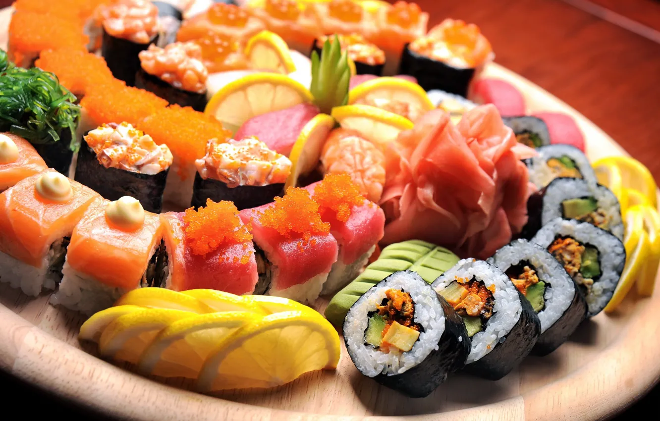 Photo wallpaper lemon, fish, figure, caviar, sushi, rolls, ginger, cuts