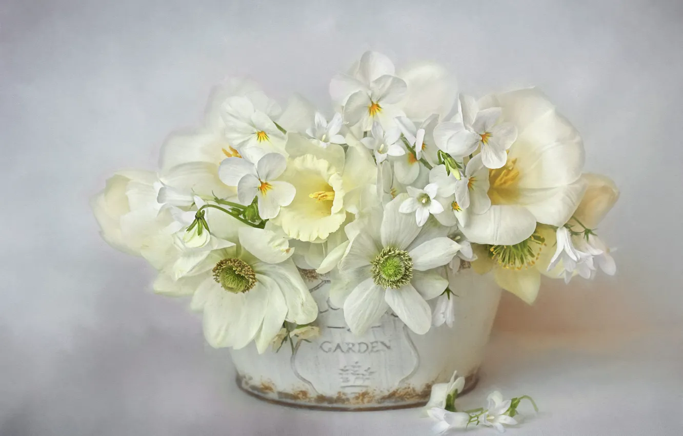 Photo wallpaper flowers, background, bouquet, art, tulips, pot, vase, white