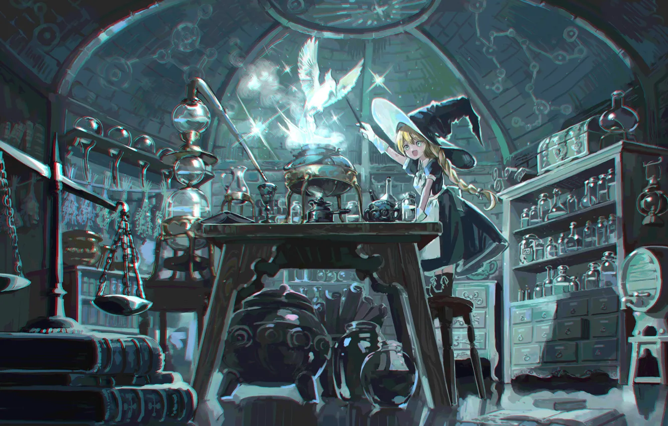 Photo wallpaper bird, magic, fantasy, witch, laboratory