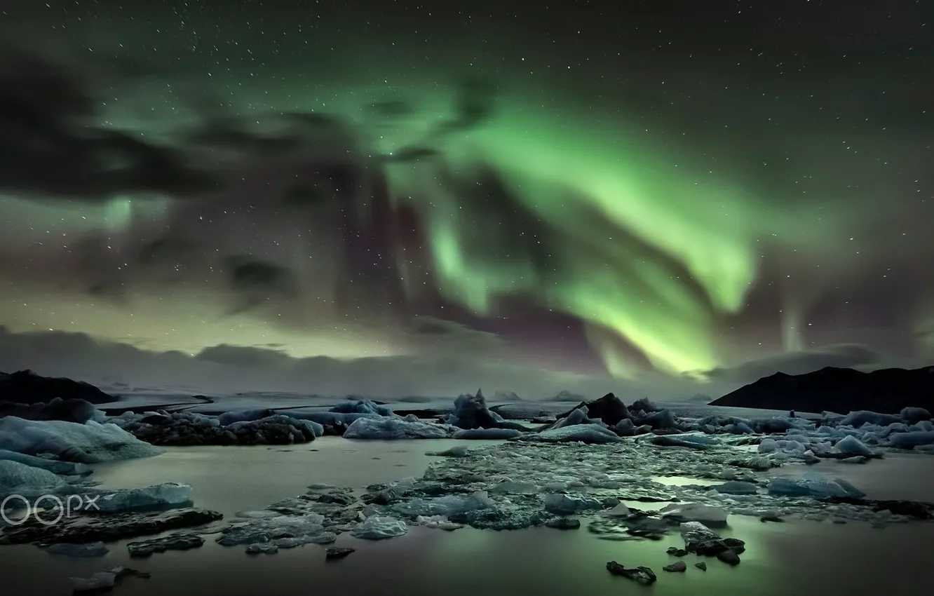 Photo wallpaper ice, winter, Northern lights, North