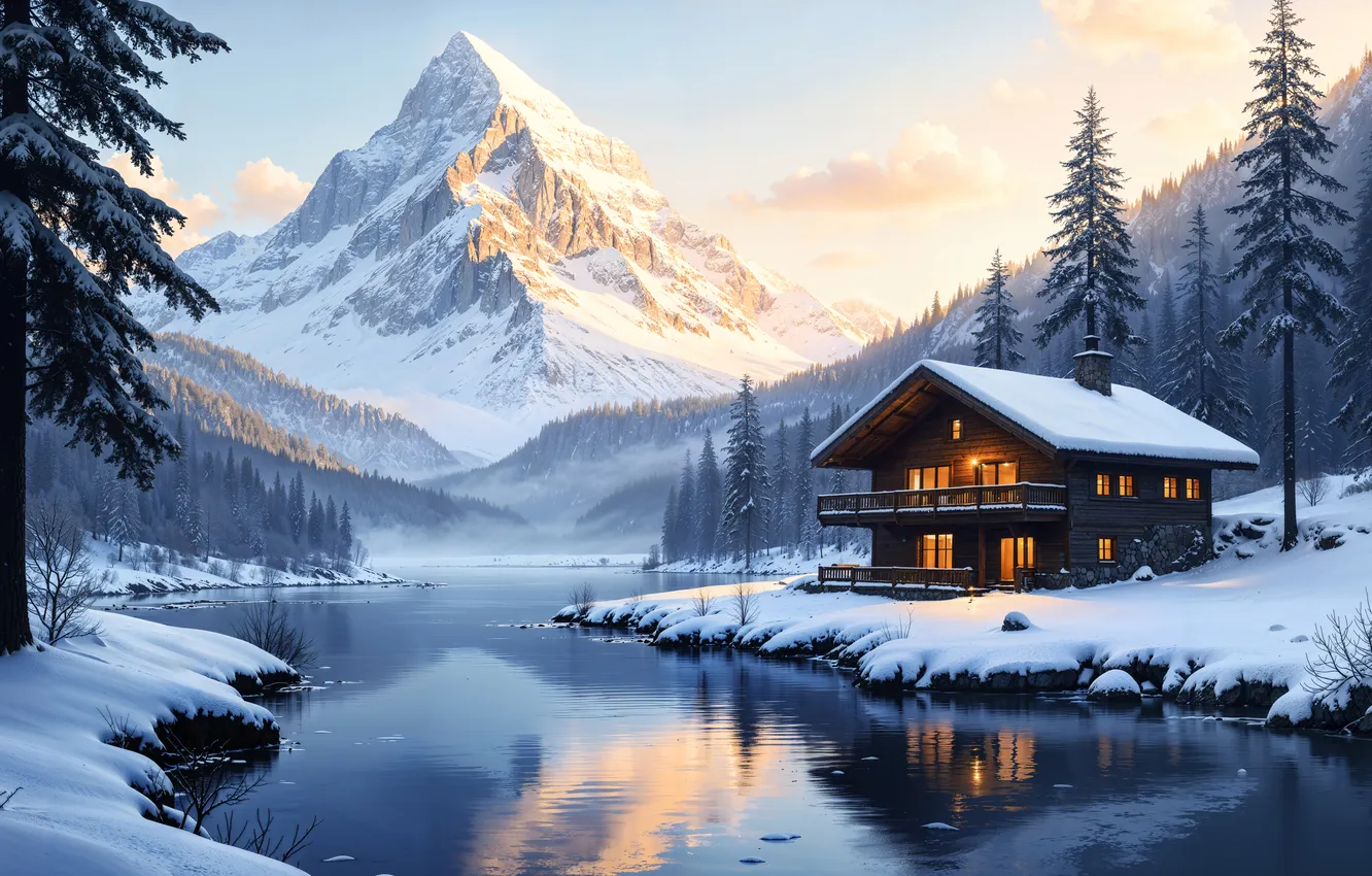 Photo wallpaper winter, forest, snow, mountains, river, tree, house, house