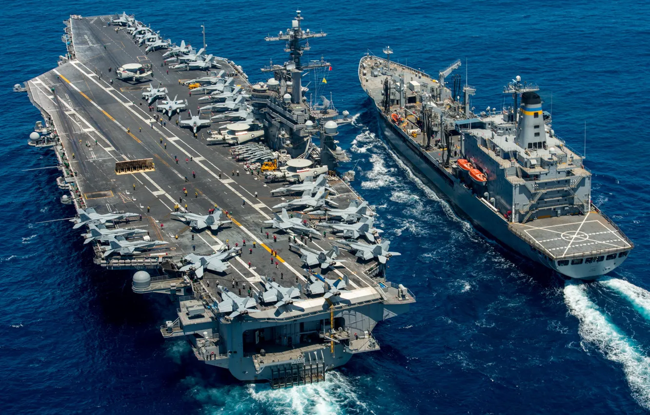 Photo wallpaper sea, weapons, army, aircraft carrier USS Carl Vinson (CVN 70), replenishment oiler USNS Yukon (T-AO …