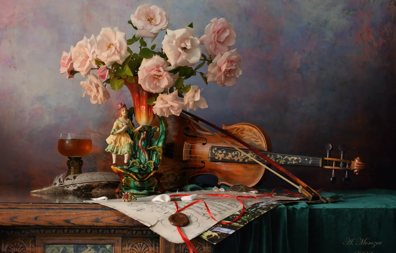 Photo wallpaper flowers, style, violin, glass, roses, figurine, still life, Andrey Morozov