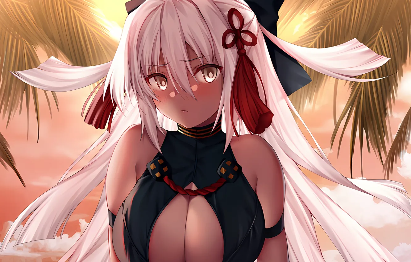 Photo wallpaper girl, sexy, cleavage, blouse, pink hair, long hair, boobs, sunset