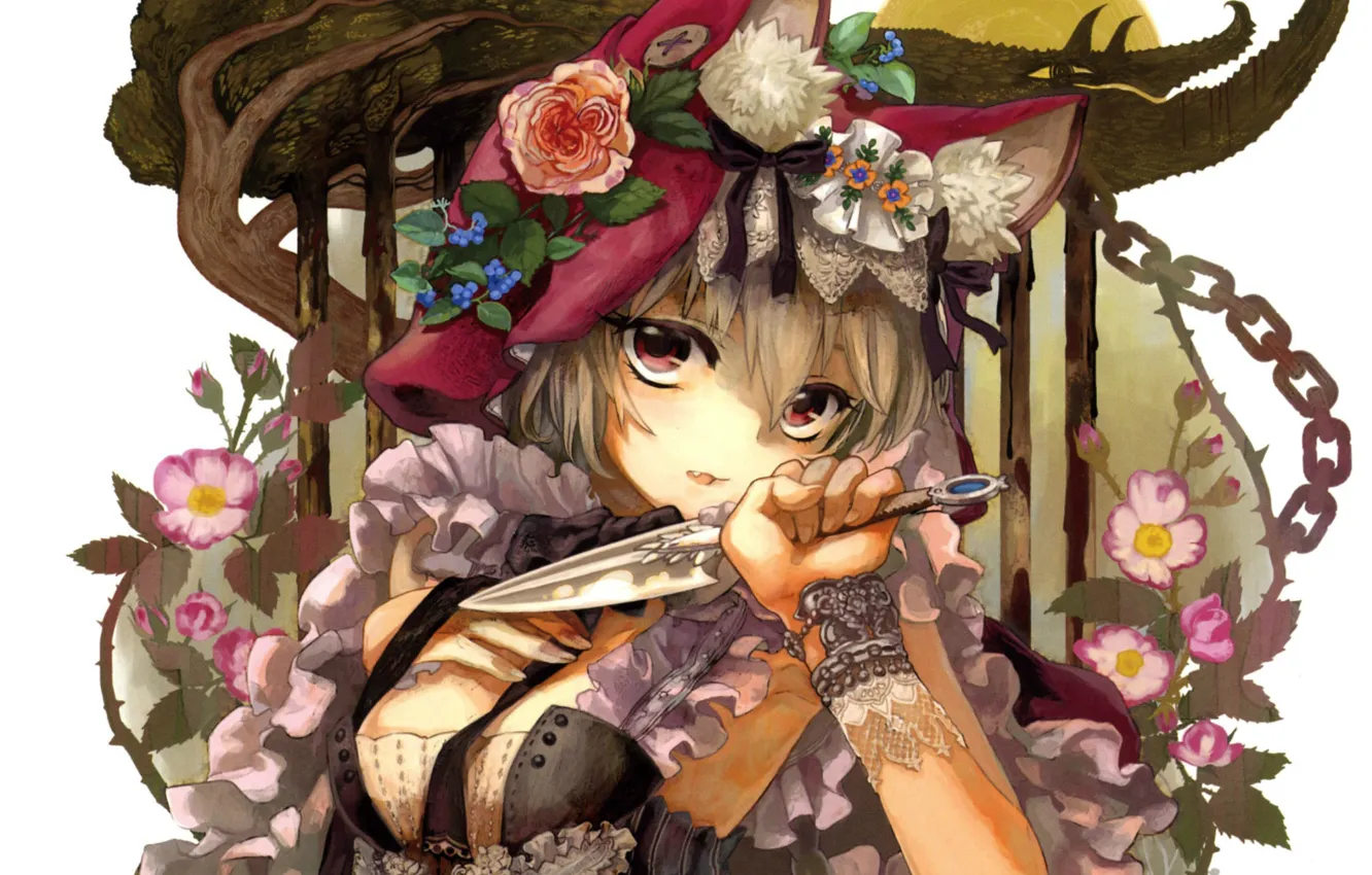 Photo wallpaper the sun, trees, flowers, chain, knife, lace, ears, art