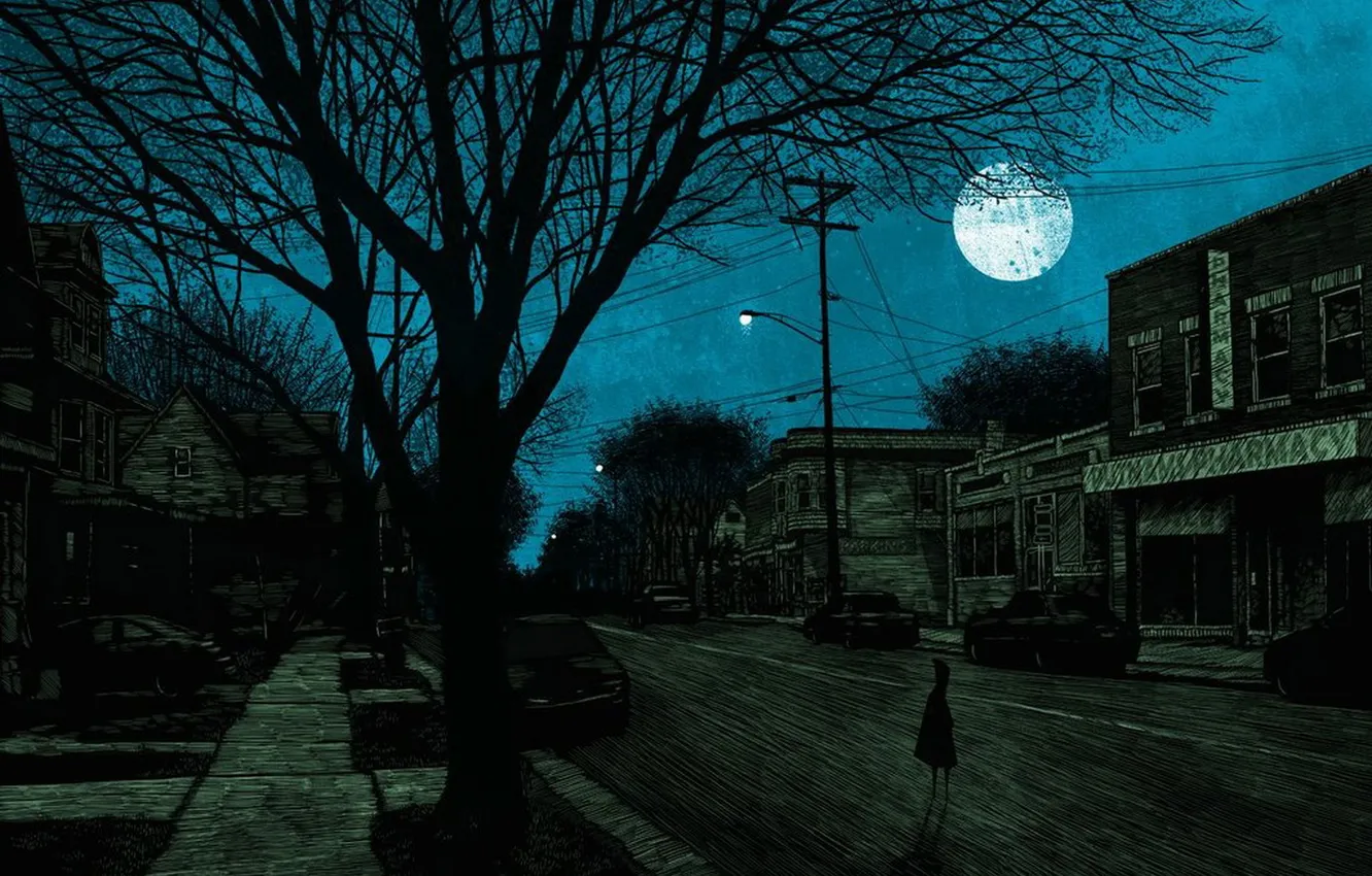 Photo wallpaper trees, machine, night, the moon, street, the darkness, home, lights