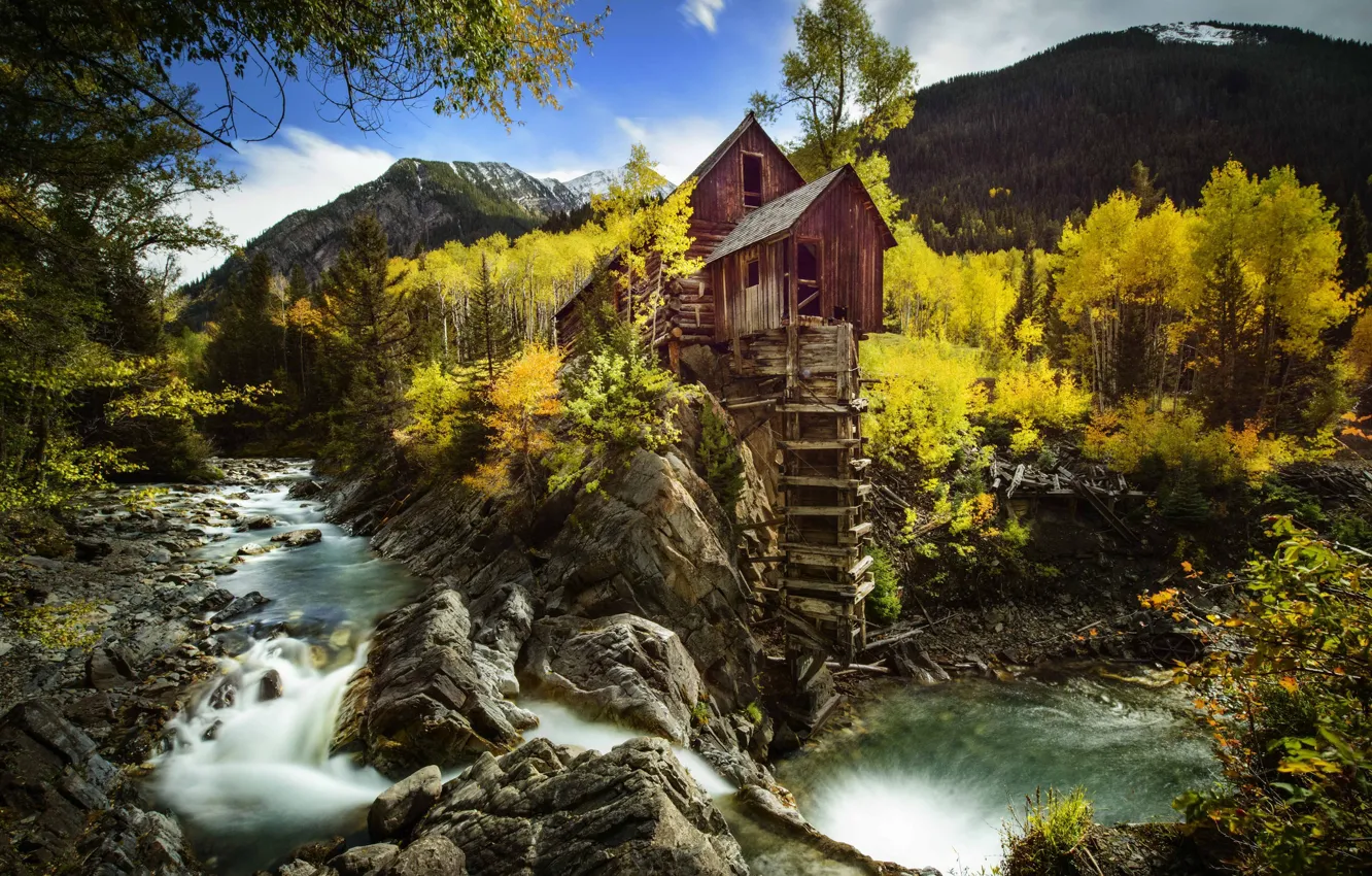 Photo wallpaper autumn, trees, mountains, river, rocks, Colorado, crystals, water mill