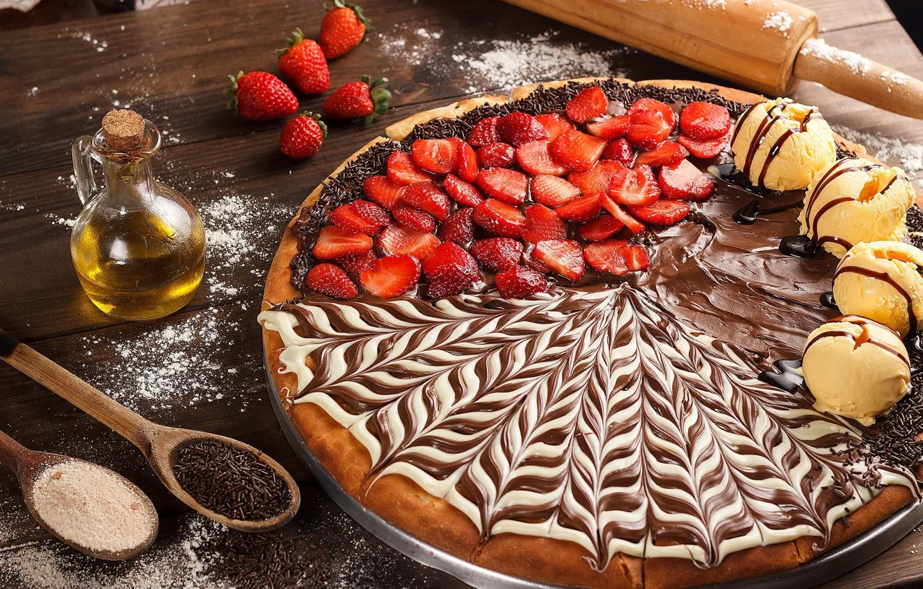 Photo wallpaper chocolate, strawberry, ice cream, pizza, cream, dessert, pizza, dessert