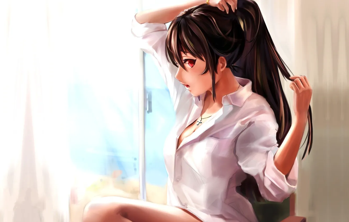 Photo wallpaper girl, long hair, in the room, window, white shirt