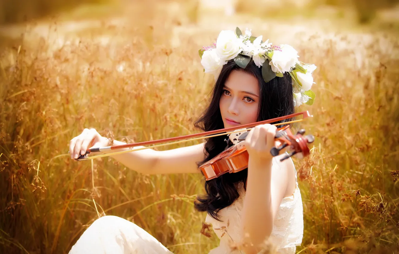Photo wallpaper summer, girl, music, violin, Asian