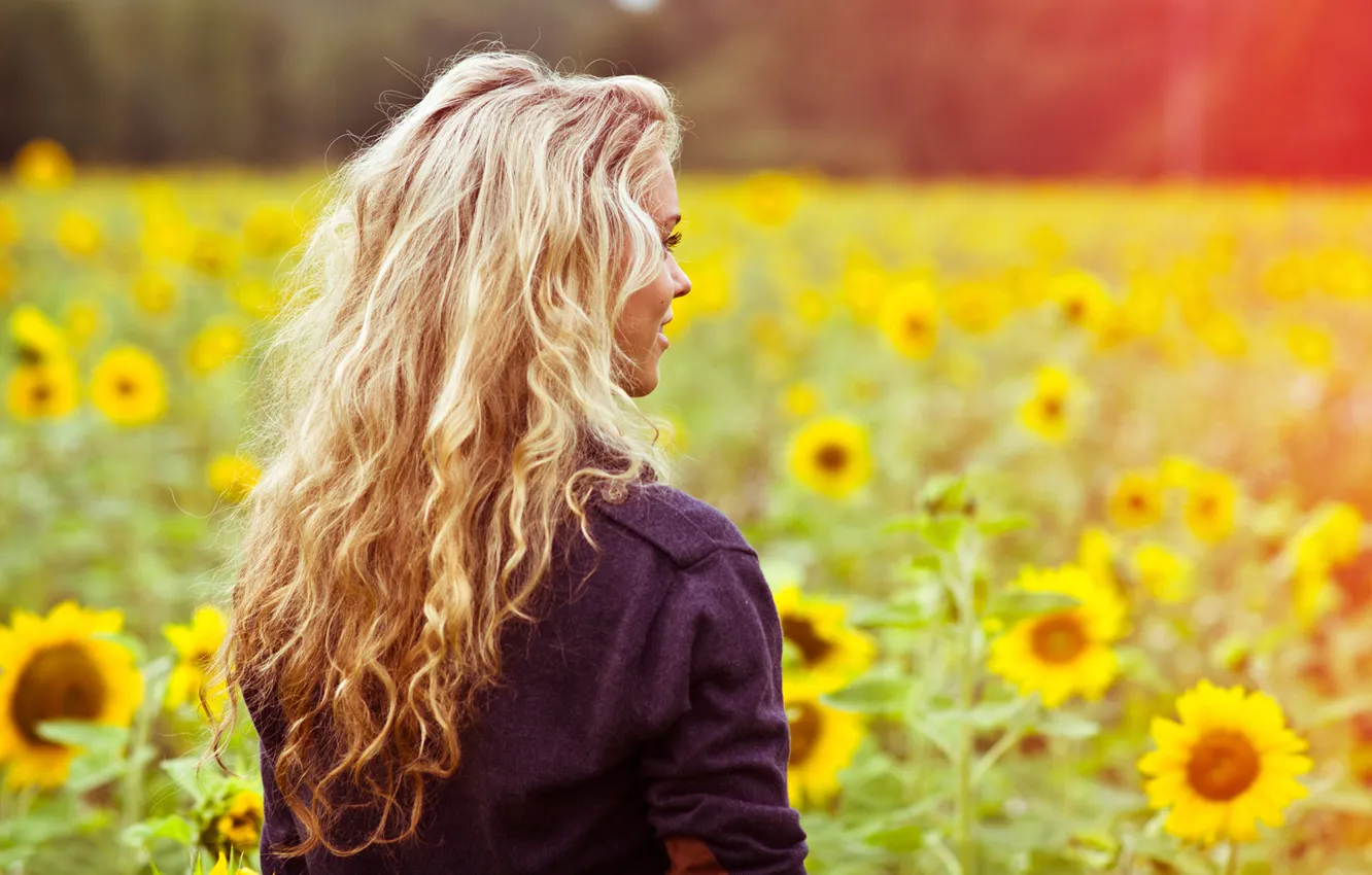 Photo wallpaper field, summer, girl, light, sunflowers, flowers, face, smile